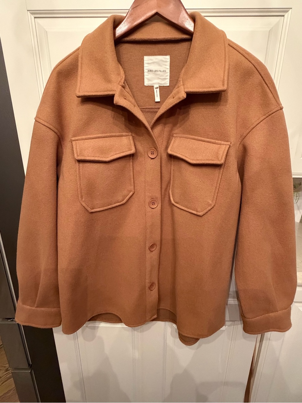 AVEC LES FILLES Camel Button-Front Boyfriend Shacket Jacket Size L